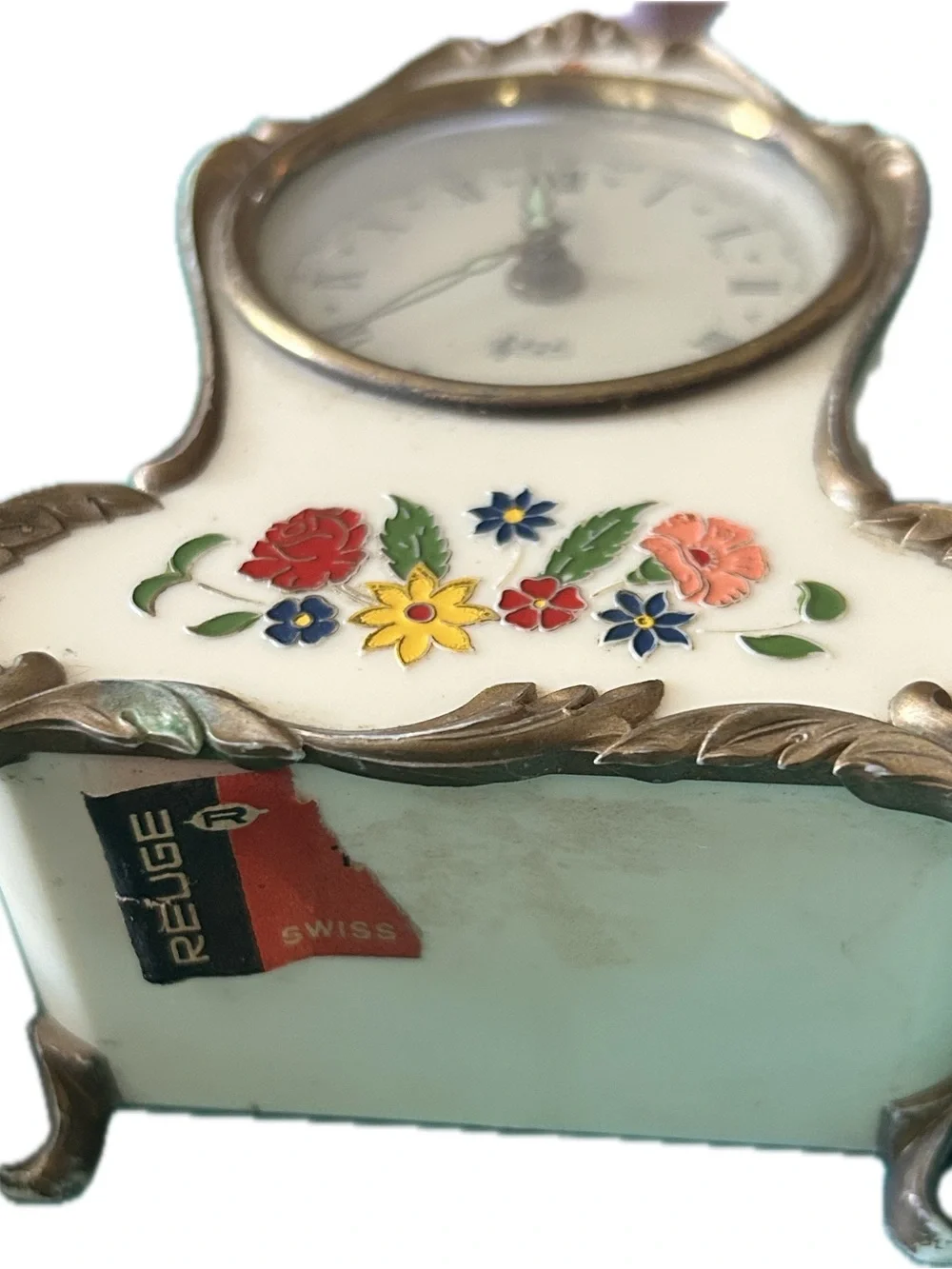 Vintage refuge White Floral Plastic Mantel Clock Rococo style Swiss made decor